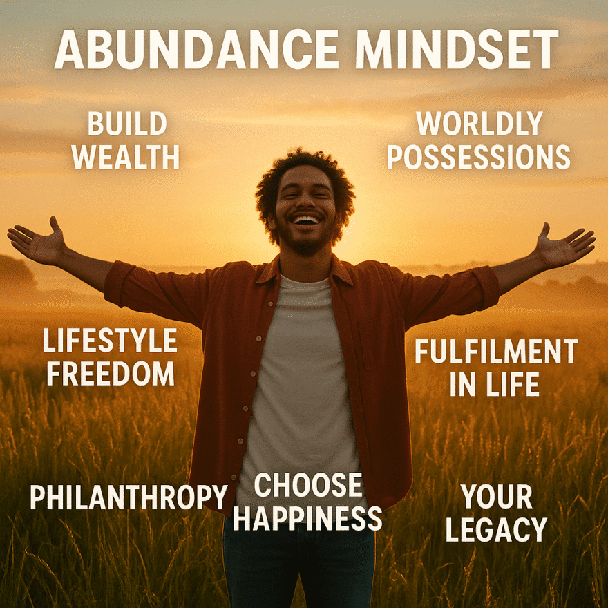 Abundance Mindset: Living a Life of Possibility and Purpose Smiling person with open arms standing in a field at sunrise, symbolising an abundant mindset, an abundant life, and opportunity.