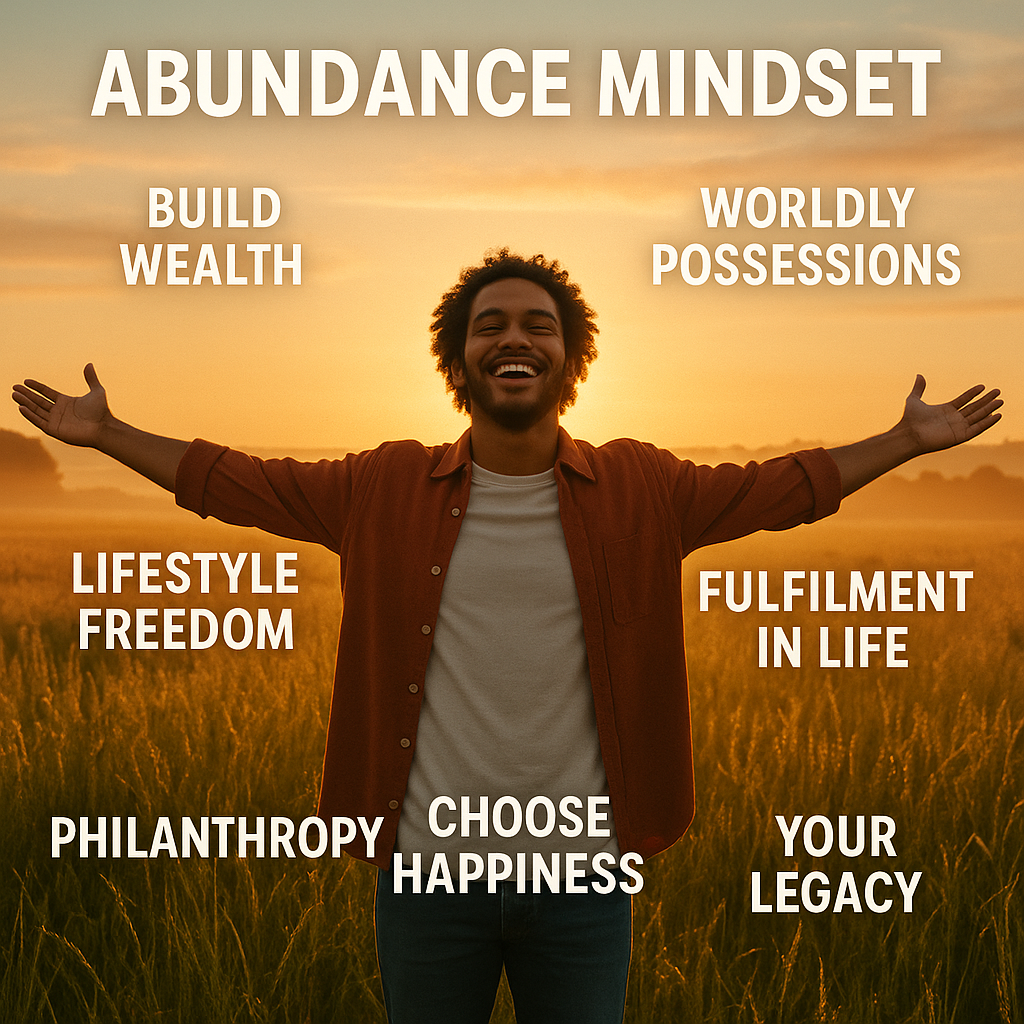 Improving Everything; Smiling person with open arms standing in a field at sunrise, symbolising an abundant mindset, an abundant life, and opportunity.