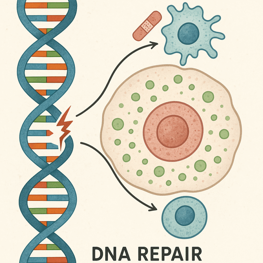Age Reversal: Turning Back the Biological Clock Illustration of DNA helix and cellular repair representing age reversal science