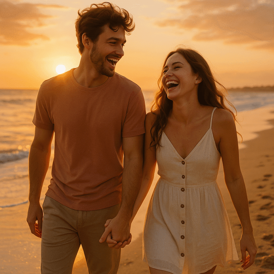 Couple holding hands and laughing together on a sunset beach walk. Being lovers means nurturing emotional intimacy, trust, and shared joy.