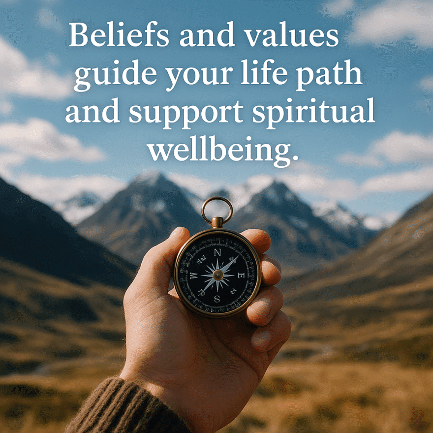 Person holding a compass against a mountain backdrop. Beliefs and values guide your life path and support spiritual wellbeing.
