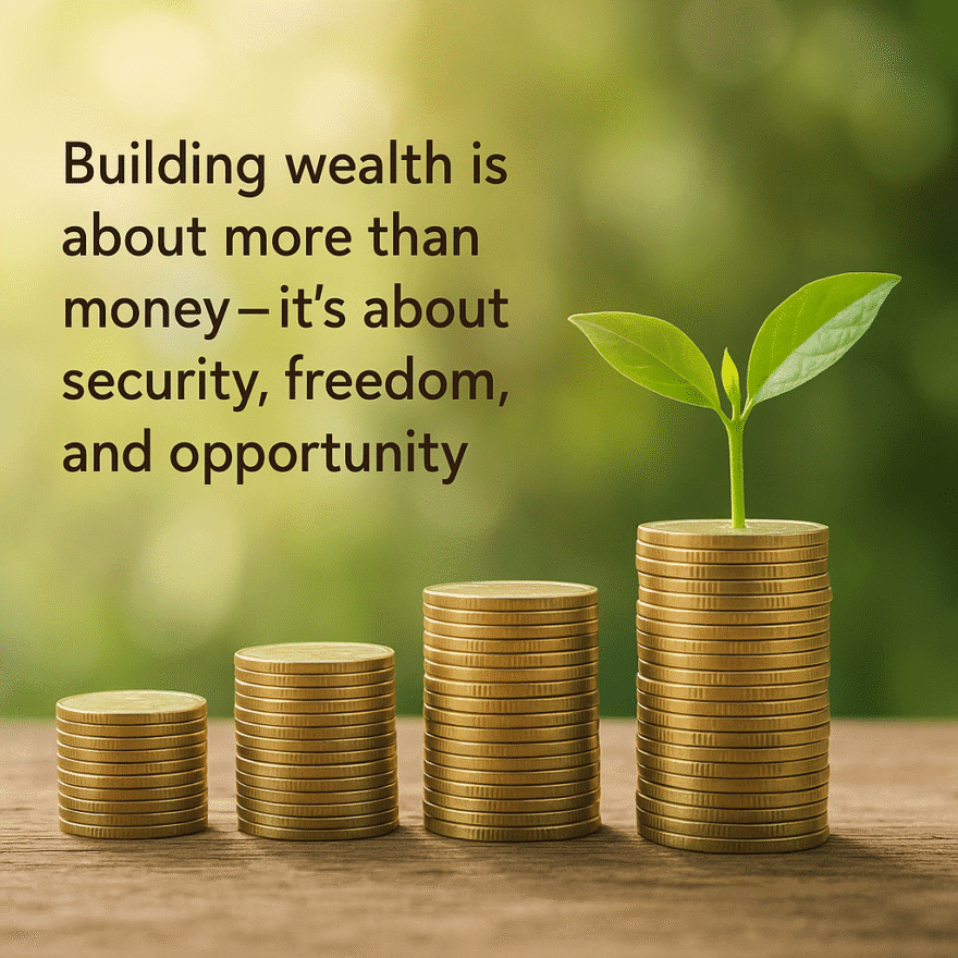 Build Wealth: Creating Financial Security and Freedom Build wealth; stack of coins growing higher with a small plant sprouting from the top, symbolising financial growth. Building wealth is about more than money — it’s about security, freedom, and opportunity