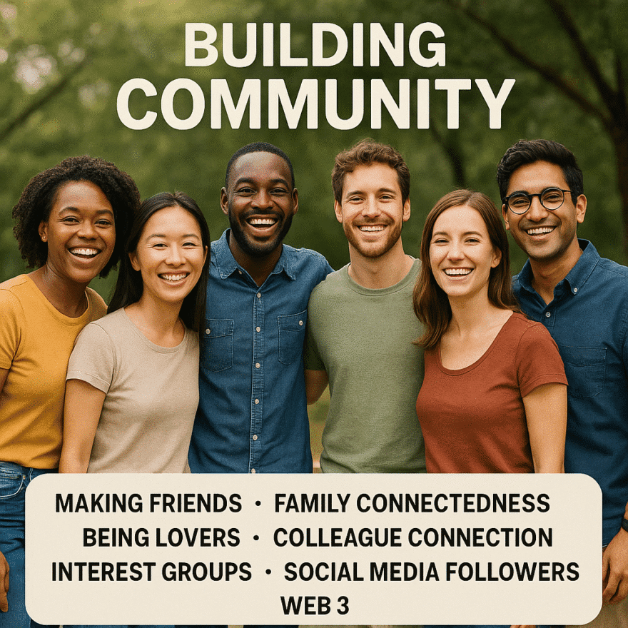 Group of diverse people smiling and standing together outdoors; building community.