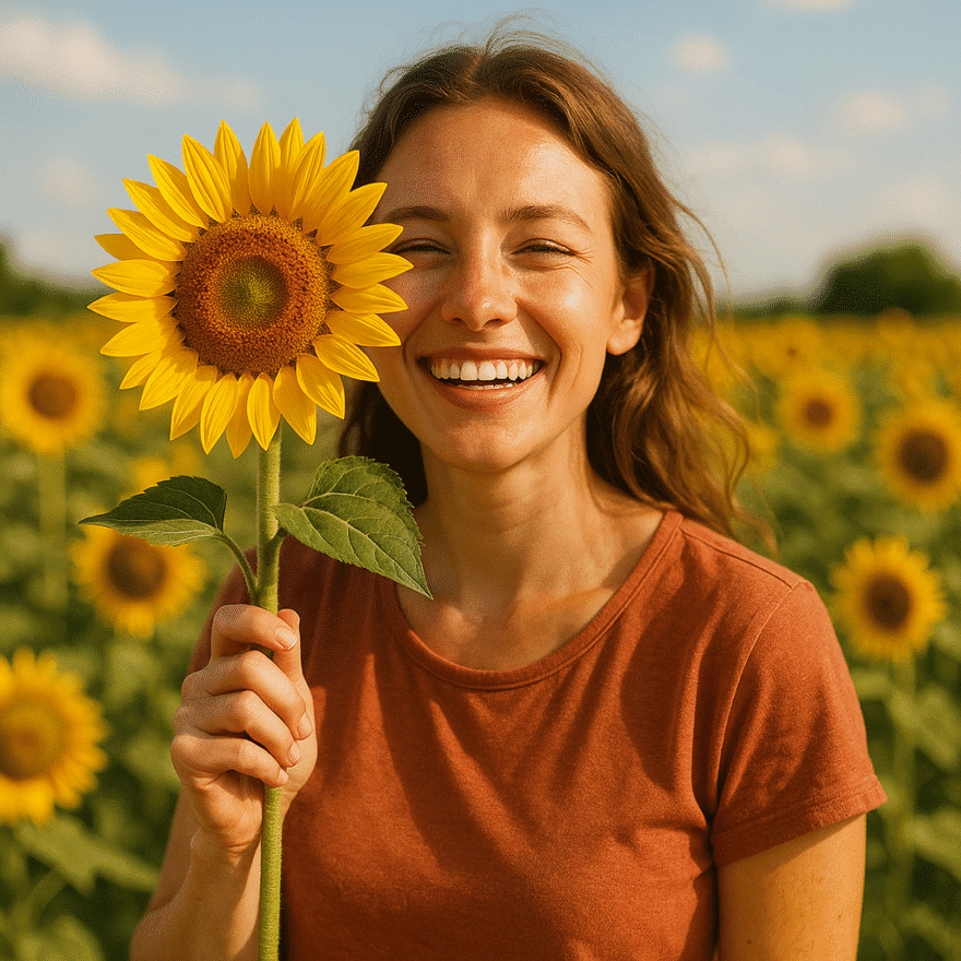 Choose Happiness: Making Joy a Daily Practice Person smiling and holding a sunflower in a sunny field, symbolising joy and positivity. Happiness is a choice — built through gratitude, perspective, and daily intentional actions.