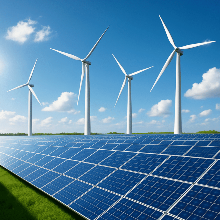 Rows of solar panels with wind turbines in the background. Clean energy from renewable sources reduces emissions and protects the planet.