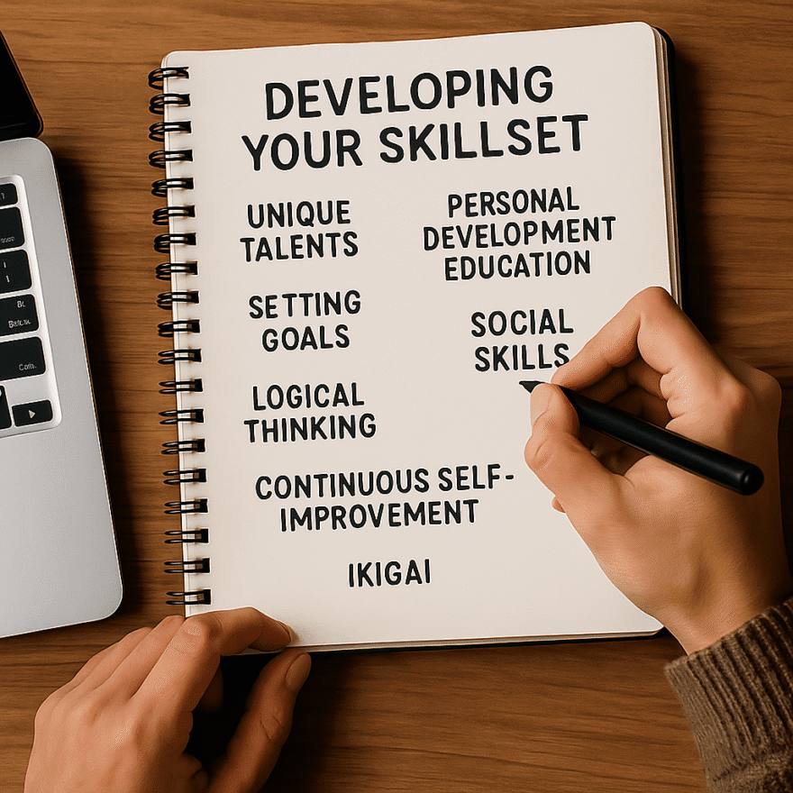 Person writing in a notebook while using a laptop; developing your skillset.