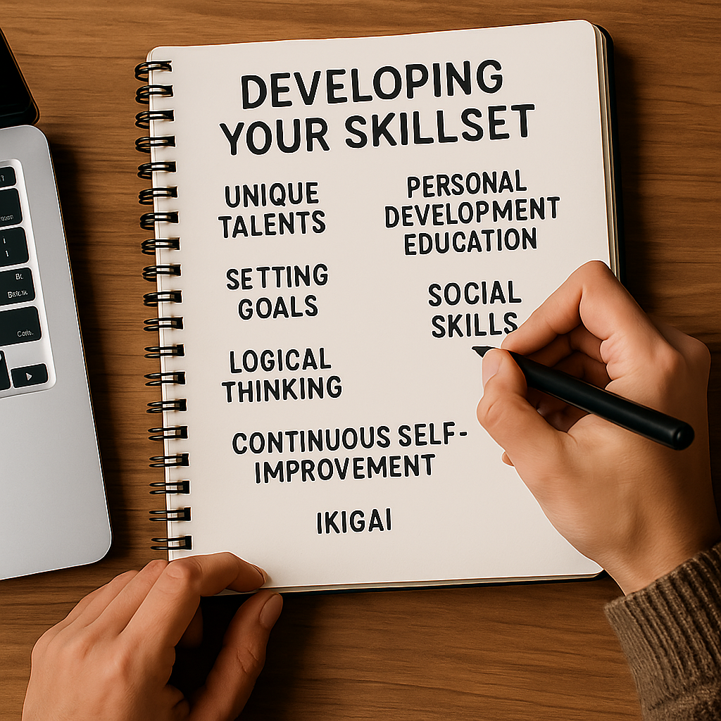 Improving Everything; Person writing in a notebook while using a laptop; developing your skillset.