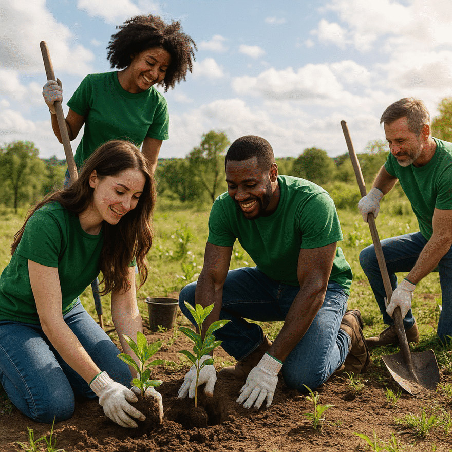 Volunteers planting trees in a reforestation project. Environmental regeneration restores ecosystems and builds climate resilience.