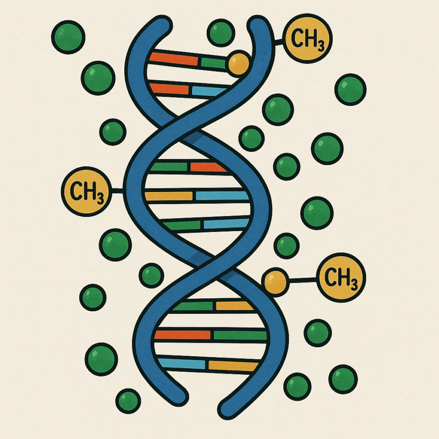 Epigenetic Regulation: How Your Lifestyle Influences Gene Expression and Longevity DNA strand with methyl groups representing epigenetic regulation