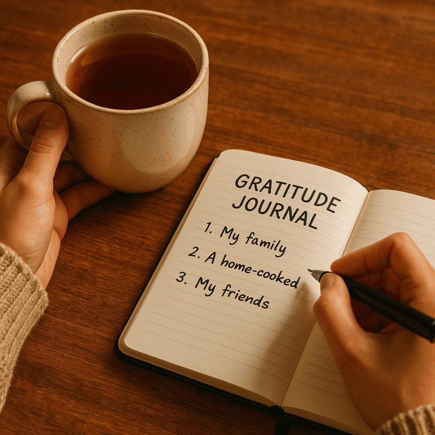 Person writing in a gratitude journal with a warm cup of tea nearby. Expressing gratitude daily improves mood, builds resilience, and strengthens relationships.
