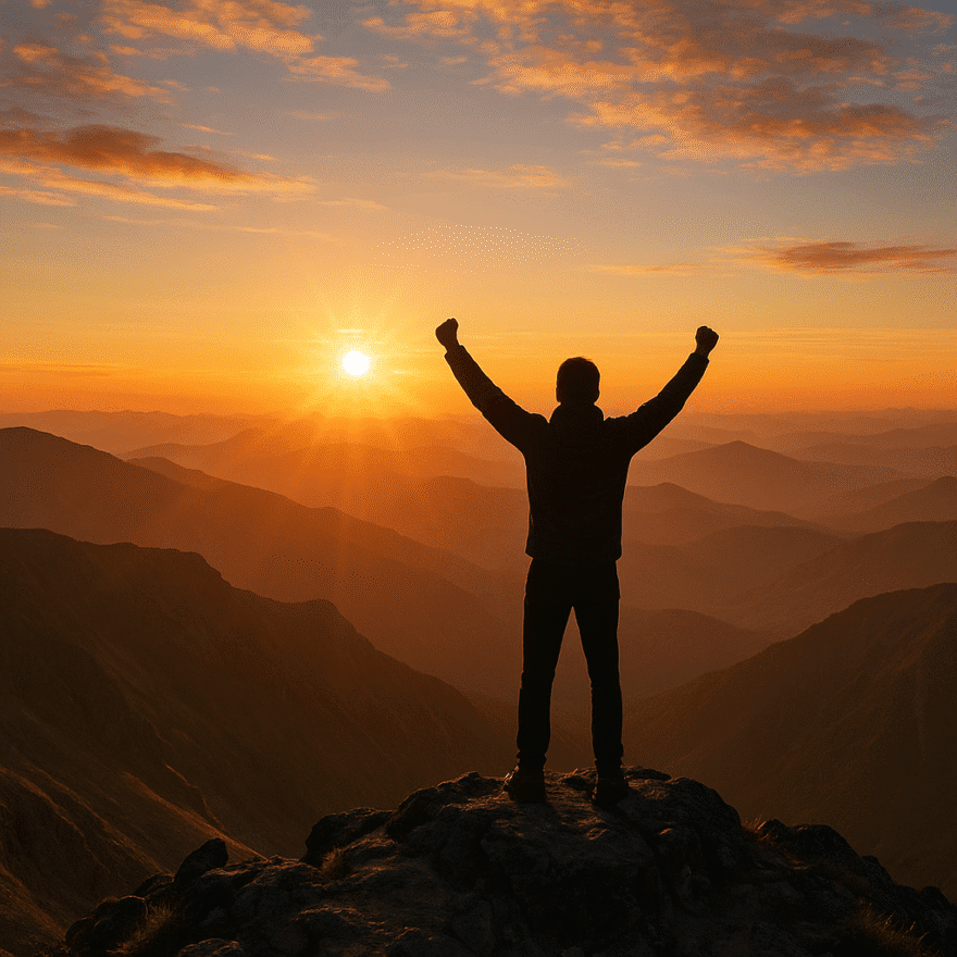 Fulfilment in Life: Aligning Actions with Purpose Person standing on a mountain peak at sunrise, arms raised in celebration. Fulfilment in life comes from living authentically and aligning your actions with your values.