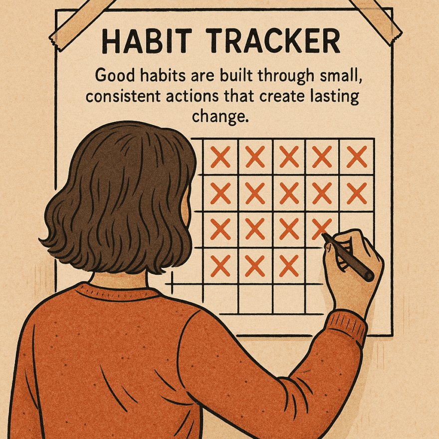 Person crossing off days on a habit tracker calendar. Good habits are built through small, consistent actions that create lasting change.