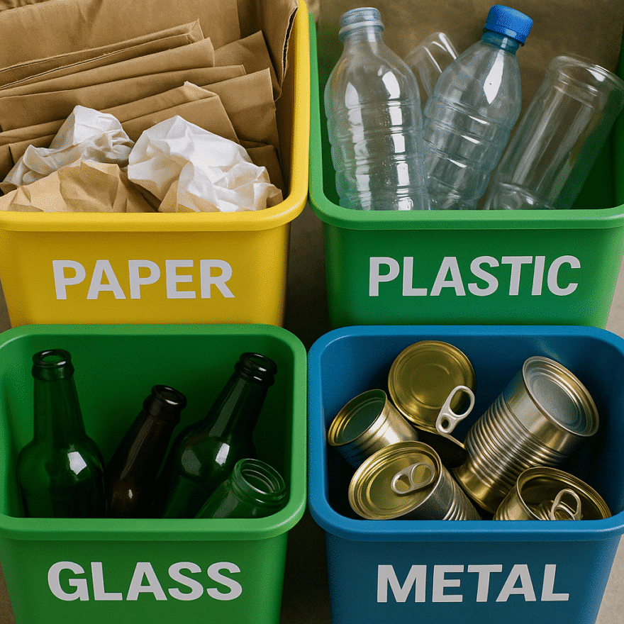 Close-up of sorted recyclable materials in labelled bins. Good recycling practices ensure more materials are recovered and reused effectively.