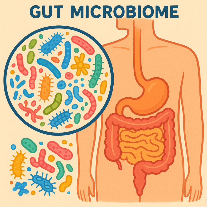 Gut Microbiome Health: Strengthening Your Body’s Inner Ecosystem Illustration of gut microbiome bacteria and digestive system; gut microbiome health