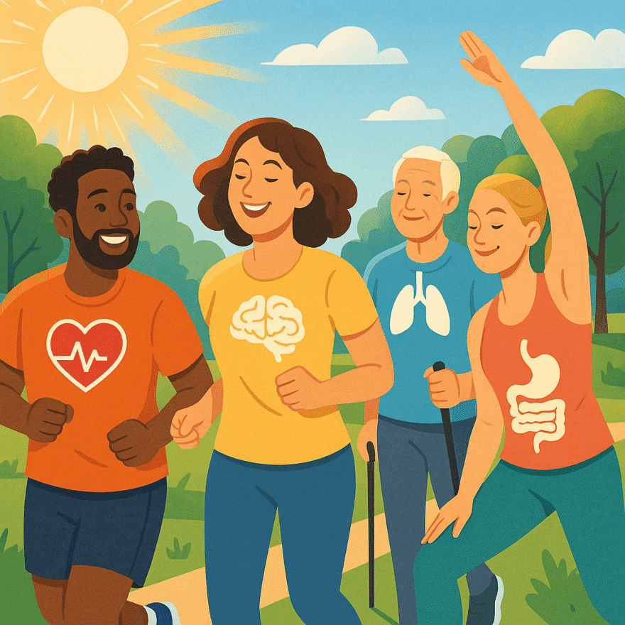 Health Benefits of Exercise: Building Strength, Energy, and Longevity Group of people exercising outdoors in the sunshine feeling the health benefits of exercise in every system in the body, from heart health to brain function.