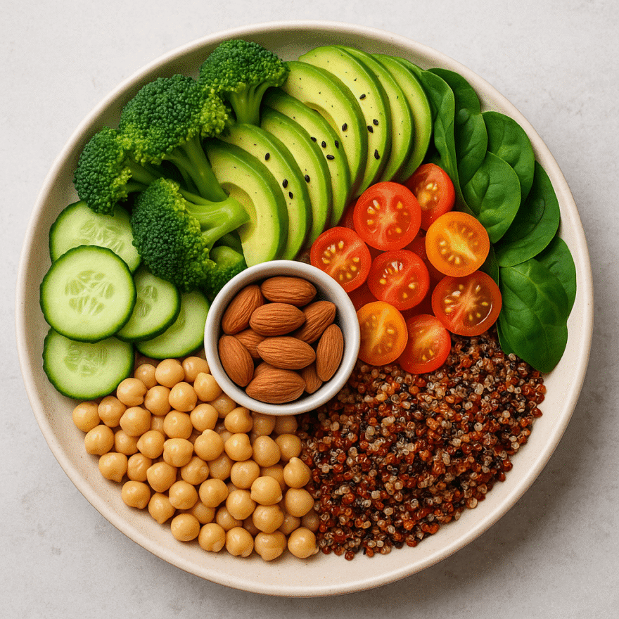Human Longevity Diets: Eating for a Longer, Healthier Life Colourful plate of vegetables, legumes, and healthy fats representing human longevity diets.