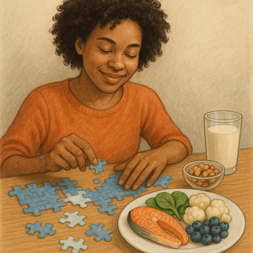 Improving Brain Health: Protecting Your Mind for Life Person improving brain health; doing a puzzle and eating brain-healthy foods