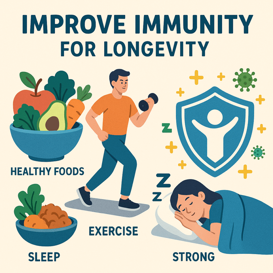 Improving Immunity: Strengthening Your Body’s Defence for a Longer, Healthier Life Healthy foods, exercise, and sleep promoting improving immunity and a strong immune system for longevity