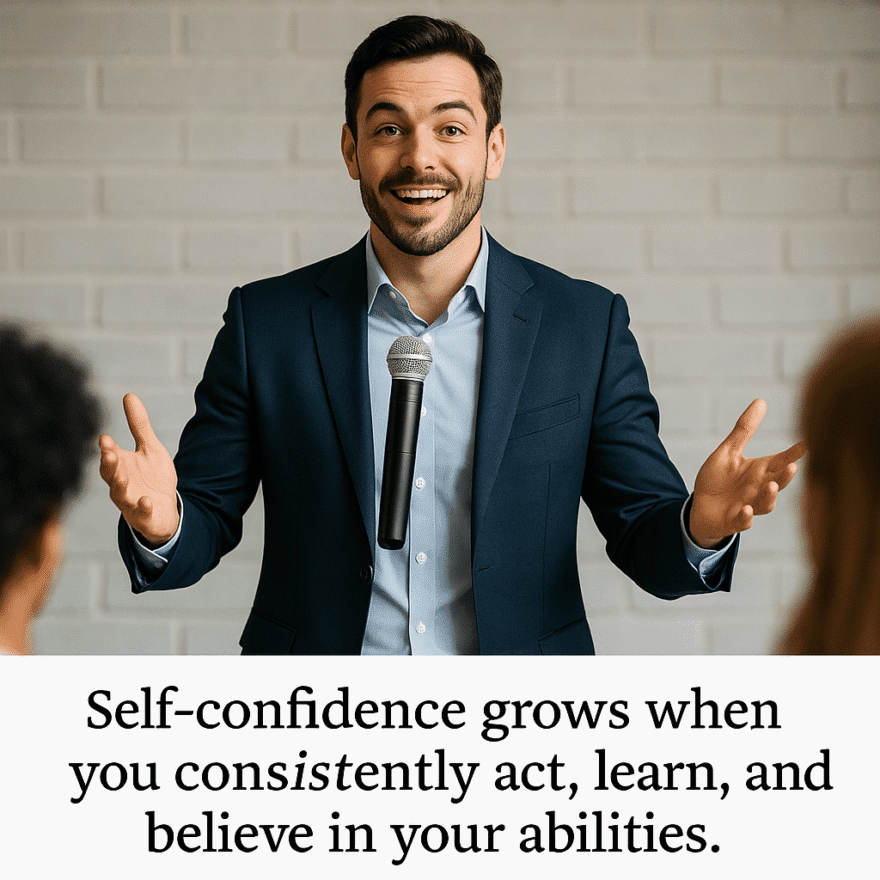 Improving Self-Confidence: Believing in Your Own Potential Person confidently speaking to an audience with open body language. Improving self-confidence grows as you consistently act, learn, and believe in your abilities.