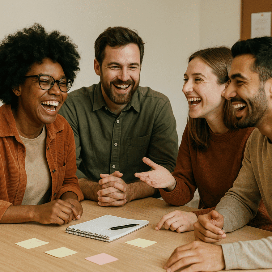 A group of people gathered around a table, laughing and sharing ideas. Interest groups connect people through shared passions and goals.