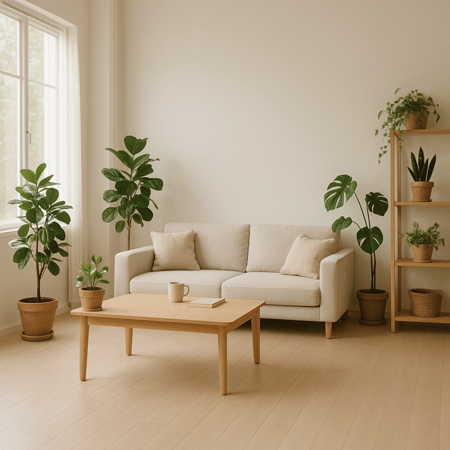 Organised minimalist home interior with plants and natural light. Lean living simplifies life while reducing environmental impact.