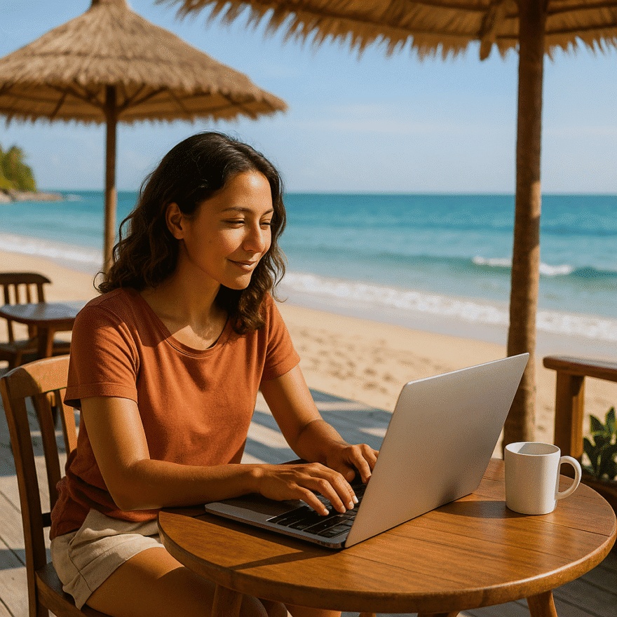 Lifestyle Freedom: Designing Life on Your Terms Person working remotely on a laptop at a beachside café, symbolising time and location freedom. Lifestyle freedom is about aligning your time, work, and resources with your values.