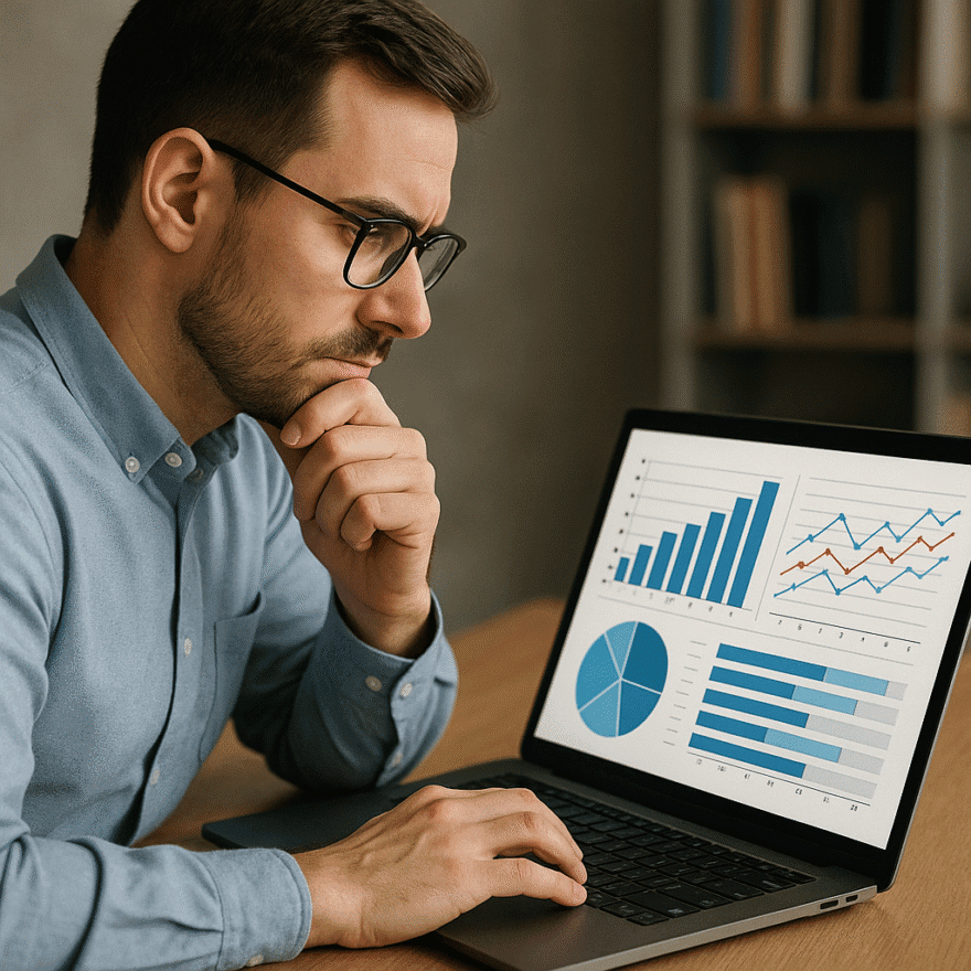 Logical Thinking – Strengthening Your Problem-Solving and Decision-Making Skills Person analysing data charts on a laptop. Logical thinking builds clarity, structure, and effective decision-making.
