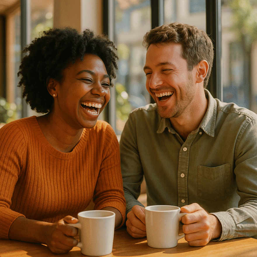 Two people laughing together over coffee in a sunny café. Making friends adds joy, support, and shared growth to life.