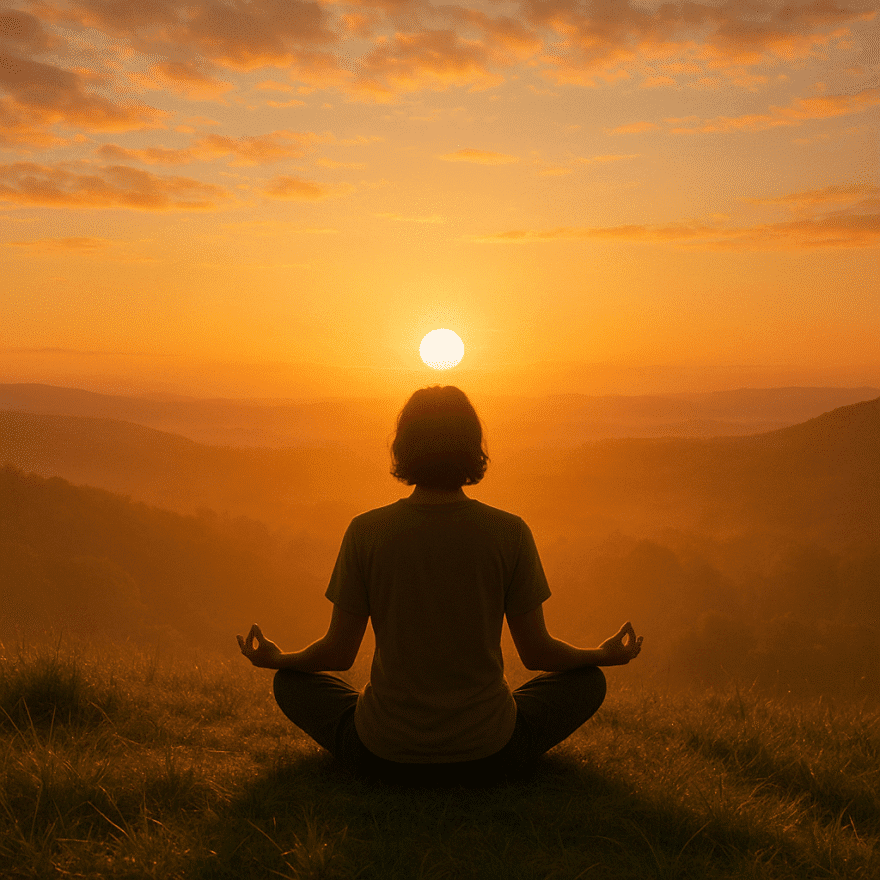 Person sitting cross-legged in meditation on a grassy hill at sunrise. Meditation and mindfulness help calm the mind and foster spiritual connection.