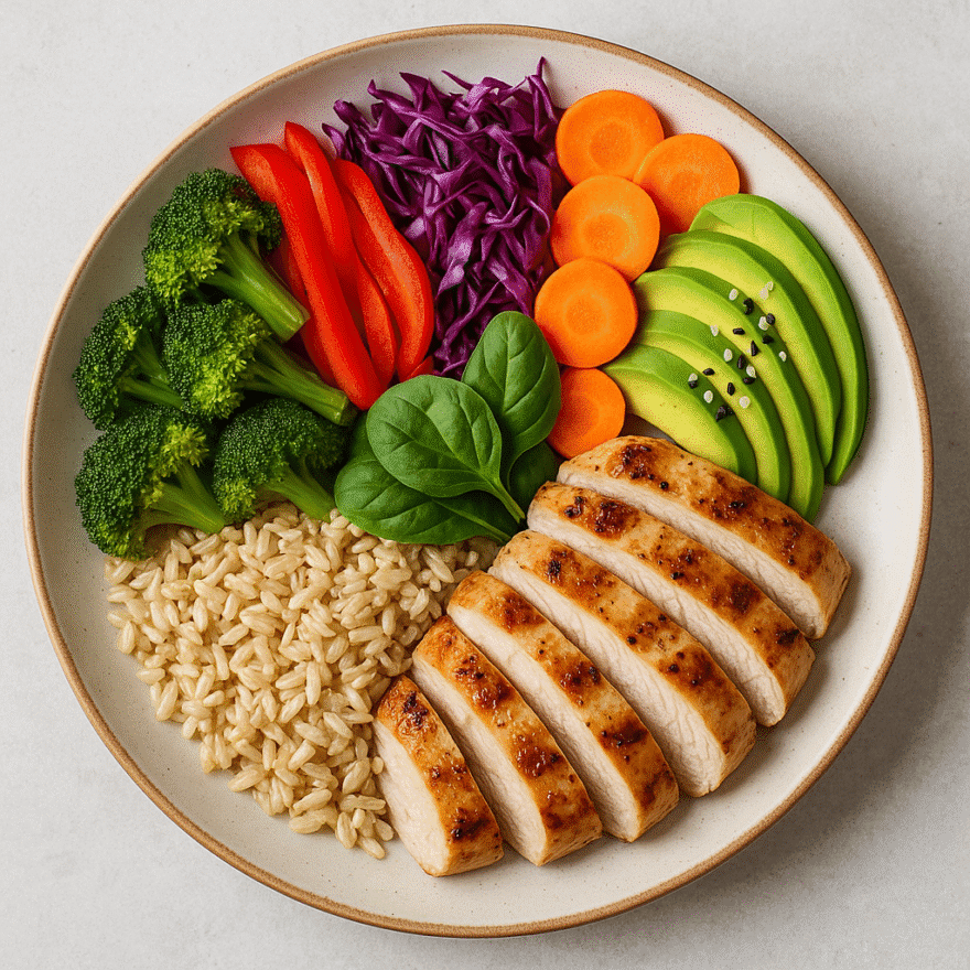 Healthy nutrition for longevity plate with colourful vegetables, quality protein, and whole grains