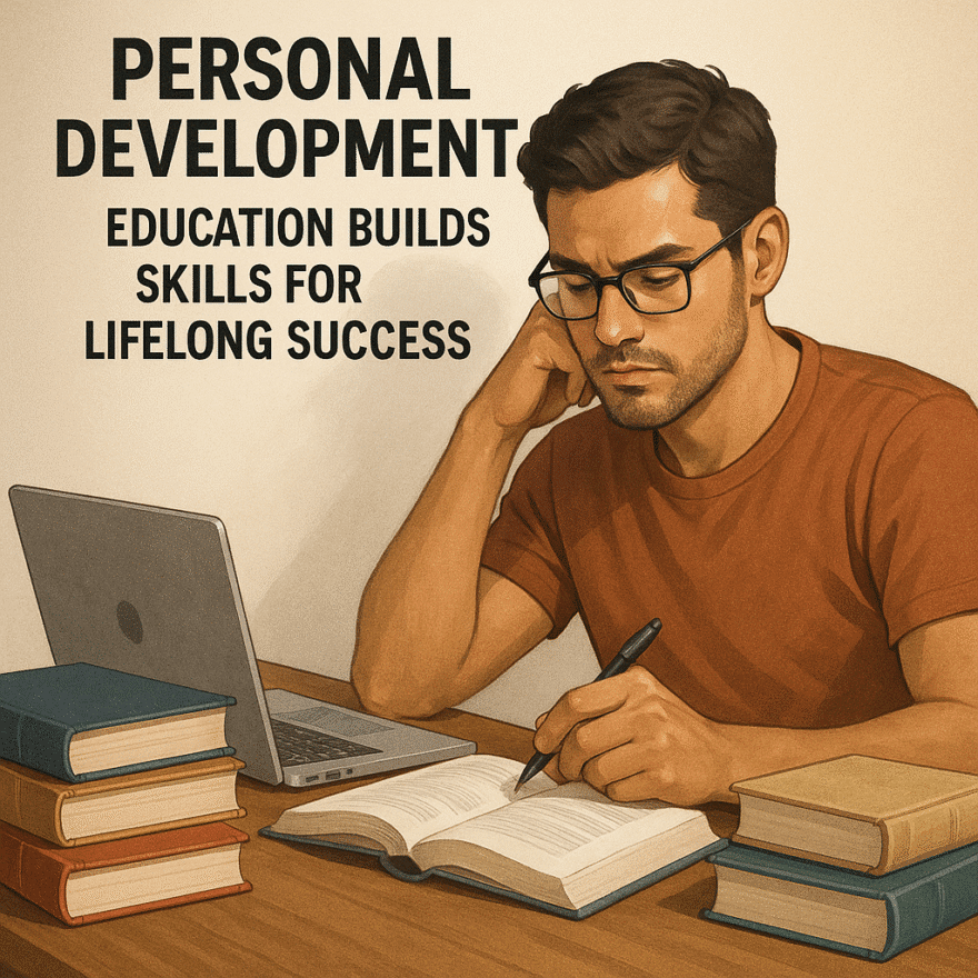 Personal Development Education – Building Skills and Knowledge for Lifelong Success Man studying at a desk with books and a laptop. Personal development education builds skills for lifelong success.