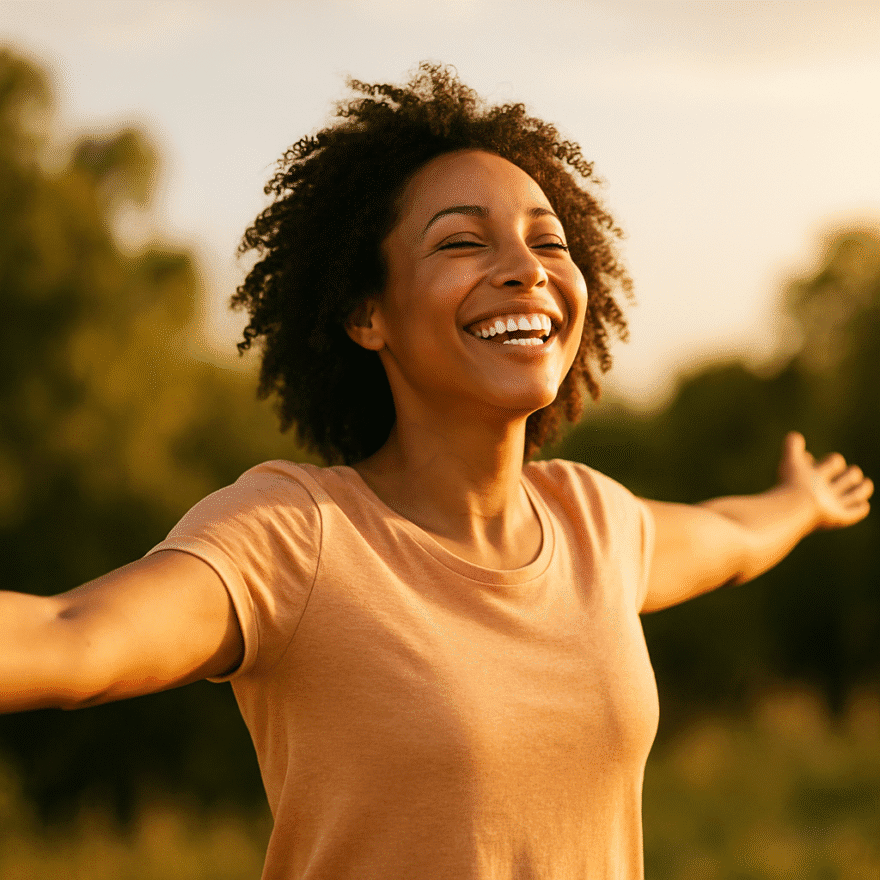 Positive Attitude: Choosing Solutions Over Obstacles Smiling person standing in sunlight with open arms. A positive attitude is about focusing on solutions and possibilities, not just problems.