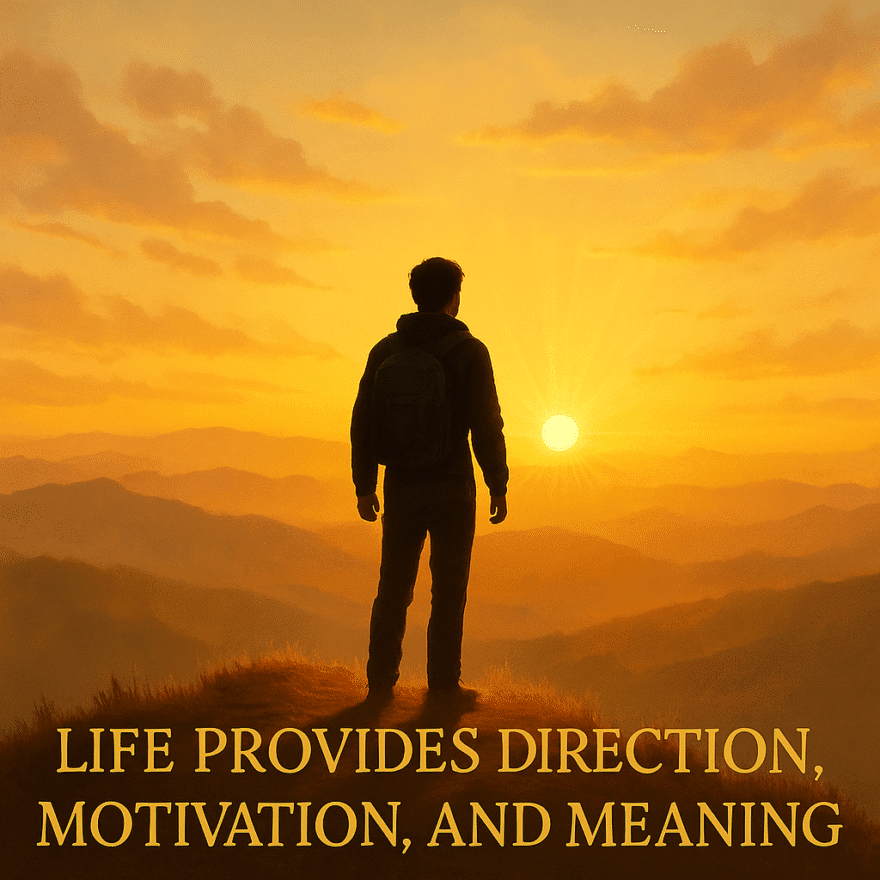 Person standing at the top of a hill looking toward the sunrise. A strong sense of purpose in life provides direction, motivation, and meaning.