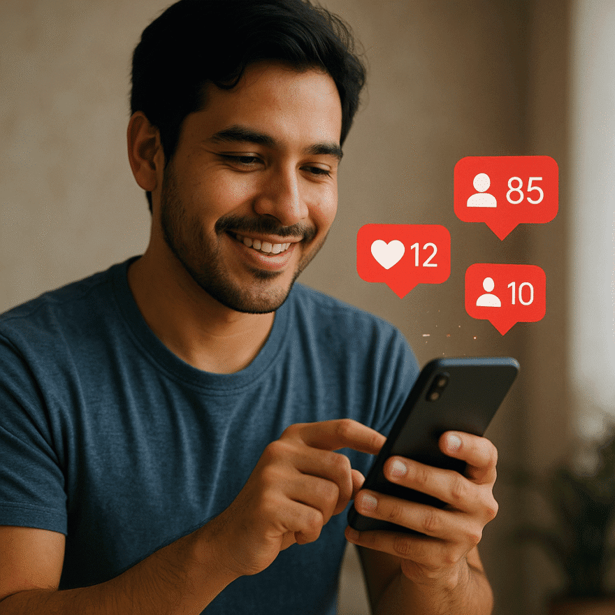 Person using a smartphone with social media notification icons floating above. Social media followers are the foundation of a thriving digital community.
