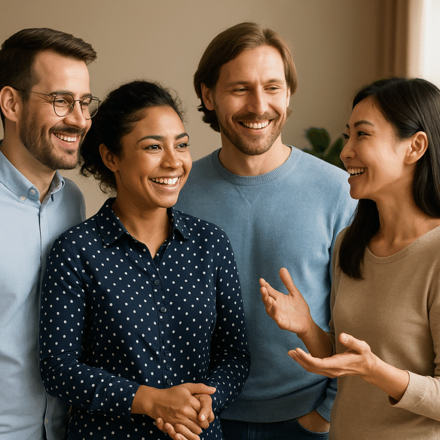 Group of people engaged in conversation, smiling and listening attentively. Social skills strengthen relationships and improve communication.