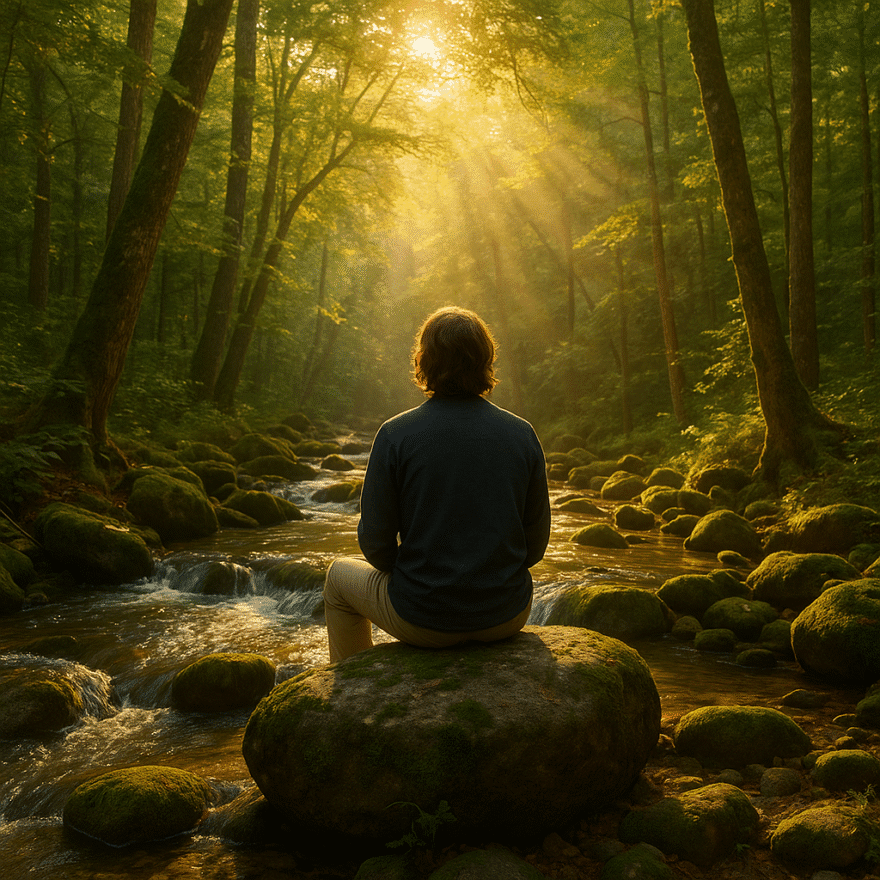 Person sitting on a rock by a forest stream, surrounded by trees and sunlight. Spending time in nature restores balance, reduces stress, and deepens spiritual connection.