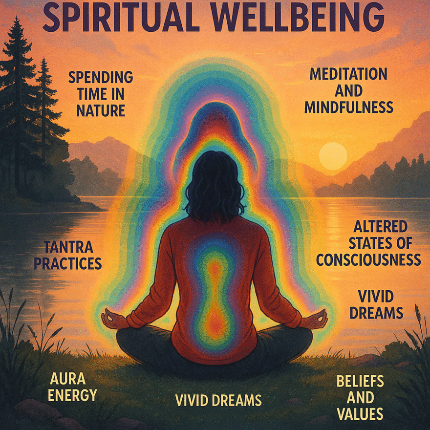 Person meditating by a lake during sunrise, symbolising spiritual wellbeing, peace and balance.