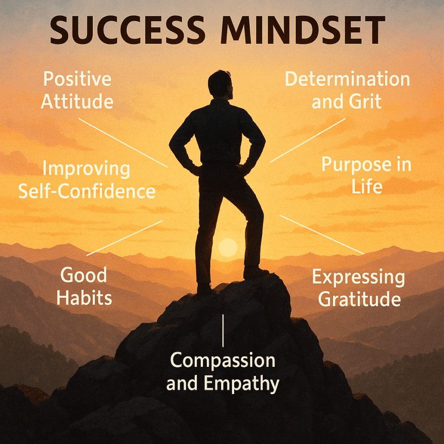 Success Mindset: Unlocking Your Full Potential Confident person standing on a mountain peak at sunrise with a success mindset.
