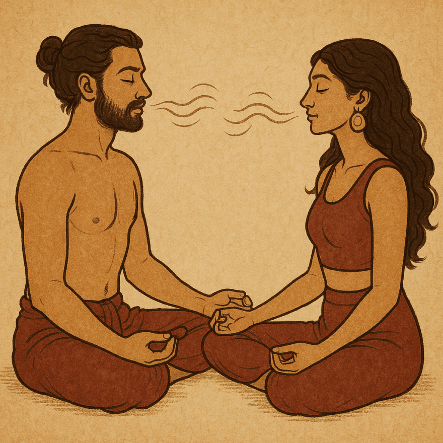 Tantra Practices: Cultivating Energy, Connection, and Awareness Two people sitting cross-legged facing each other, practising mindful breathing. Tantra practices foster connection, awareness, and energy flow through mindful practices.