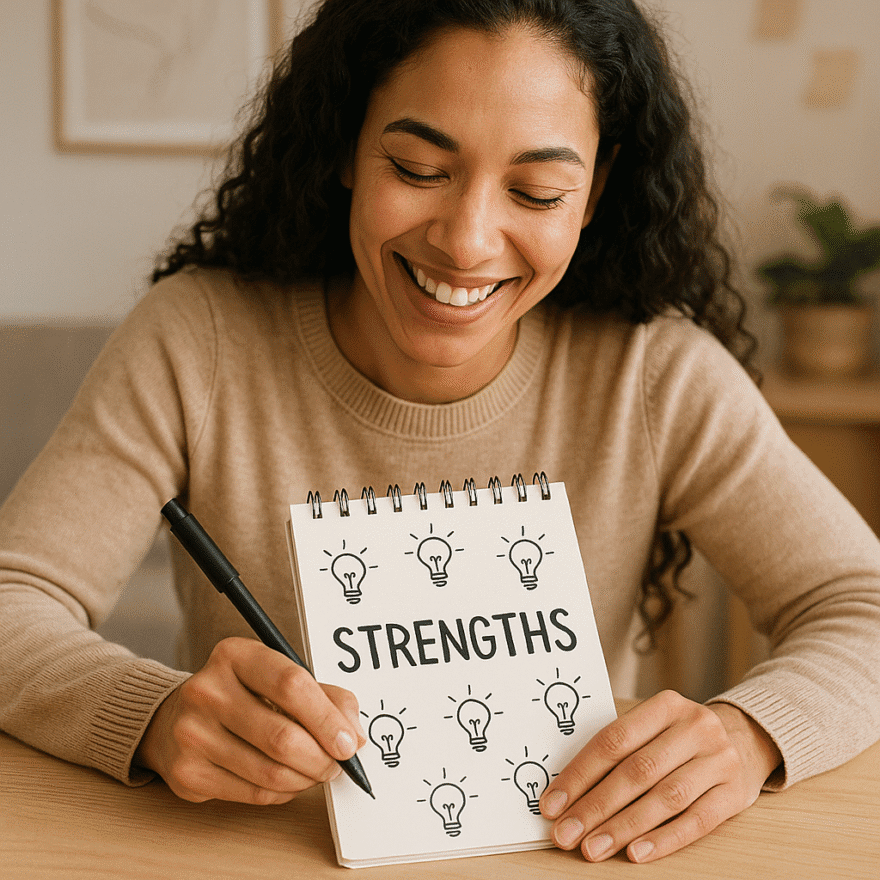 Unique Talents – How to Identify and Develop Your Natural Strengths Woman smiling while writing ideas on a notepad, symbolising personal strengths. Identifying and developing your unique talents boosts confidence and opportunities.