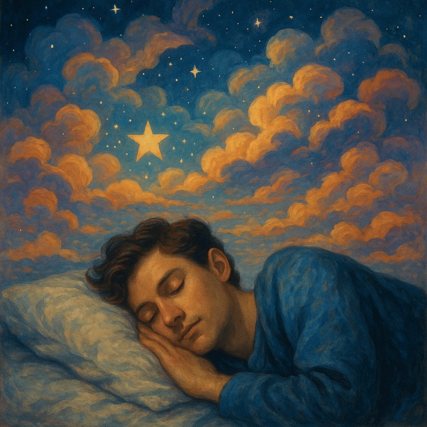 Person sleeping peacefully with dreamlike imagery of stars and clouds above. Vivid dreams can offer creative inspiration, emotional release, and spiritual insight.