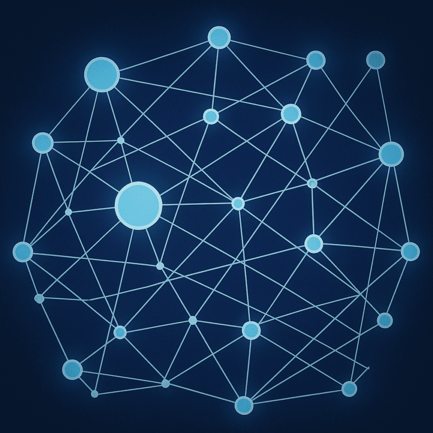 Illustration of connected digital nodes representing a decentralized network. Web 3 enables decentralized, user-owned online communities with shared governance.