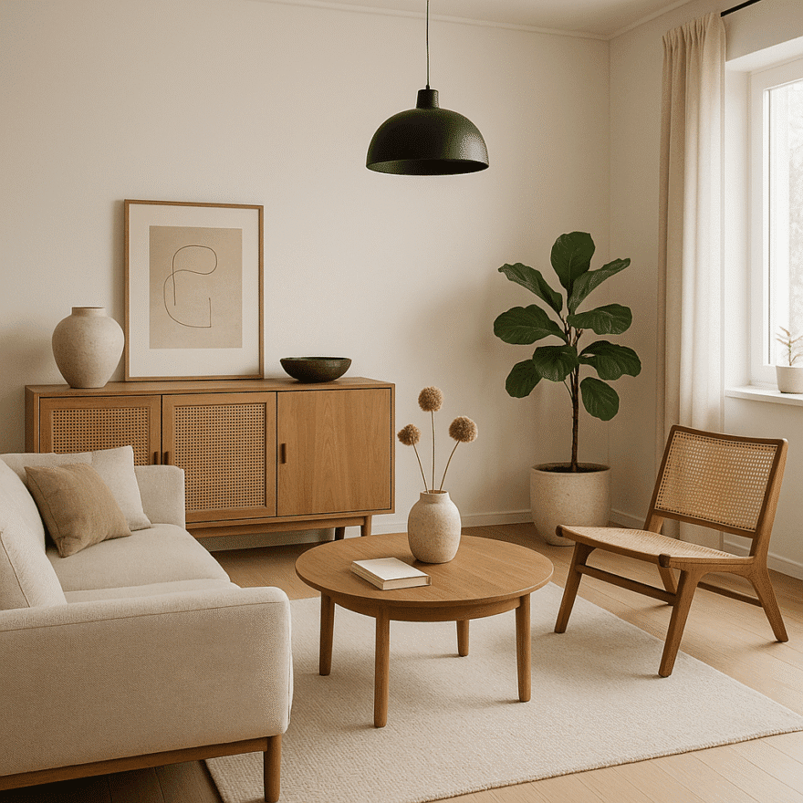 Organised living space with minimal high-quality furniture and décor. Mindfully chosen worldly possessions bring joy and function without creating clutter.