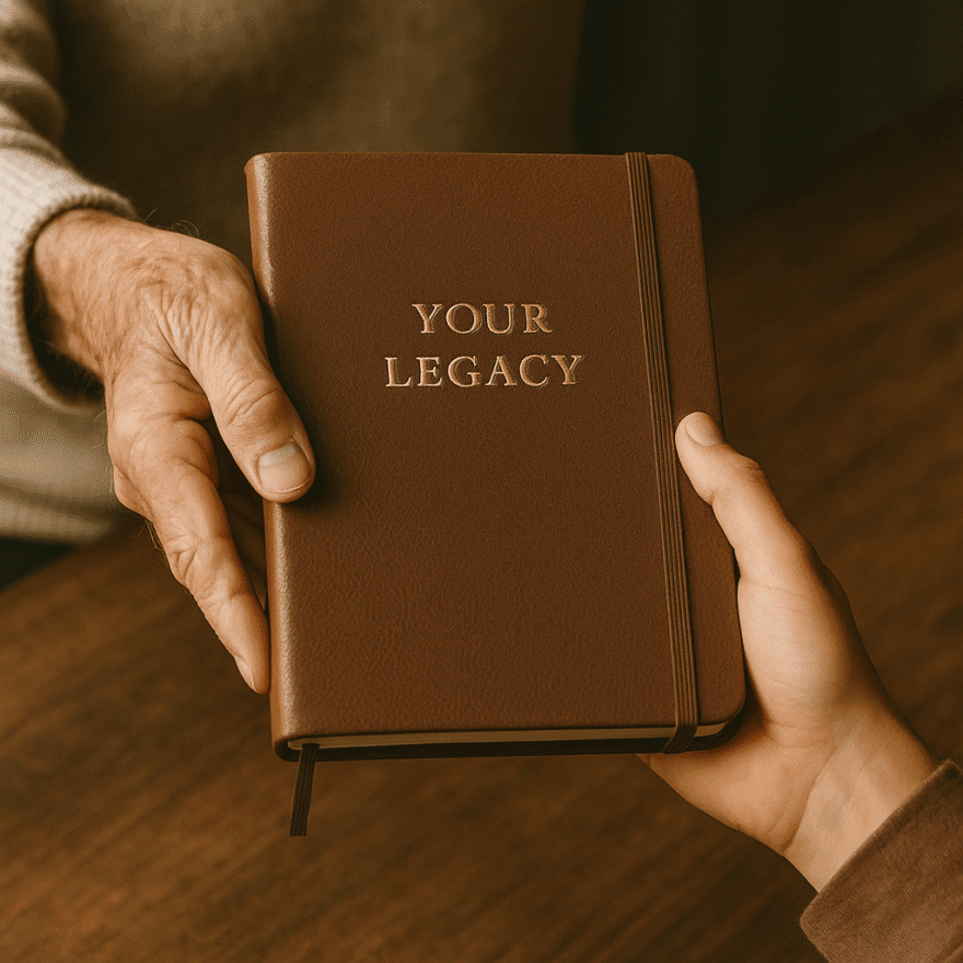 An older person passing a journal to a younger person, symbolising wisdom and life lessons. Your legacy is built on the values you live by and the impact you have on others.